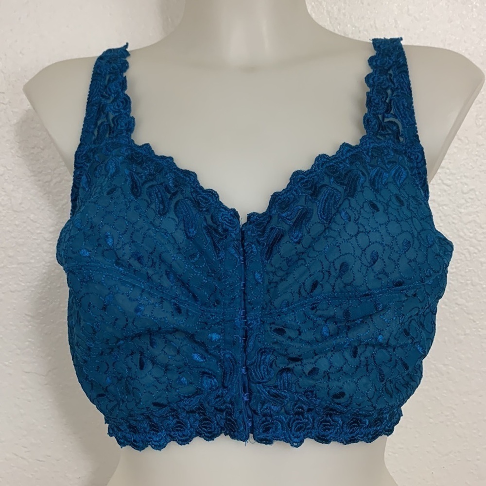 Vintage Mesh Teal Non Padded Front Clasp Embroidered Floral Bra Size 40DDD